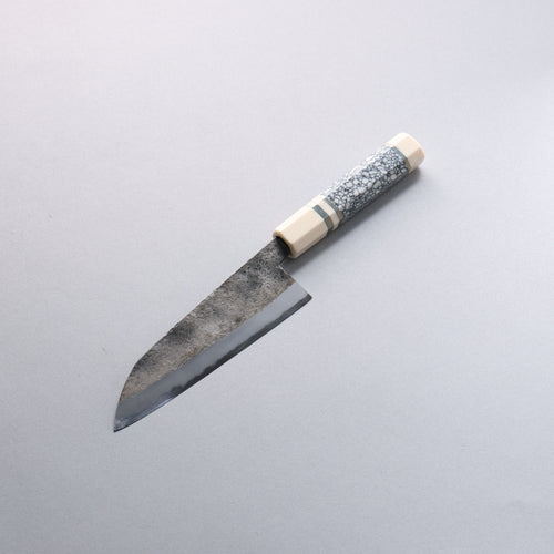 Daisuke Nishida Acero Blanco No.1 Martillado Santoku 165mm Mango de Turquesa blanca con anillos de plata y virola y tapa de imitación de marfil - Japanny-SP