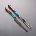 Yuma Oba VG10 Damasco Set de cuchillo de trinchar y tenedor 200mm Mango de Ironwood & turqueza - Japanny-SP