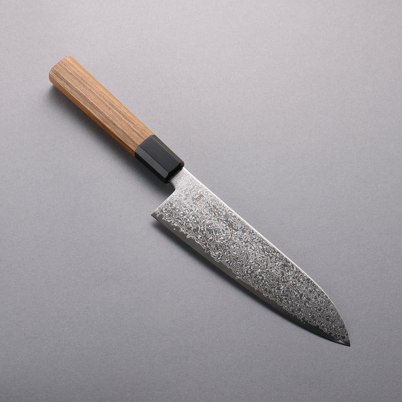 Seisuke SG2 Damasco Terminado Migaki Santoku 180mm Mango de Teca (férula: Cuerno de búfalo de agua negra) - Japanny-SP