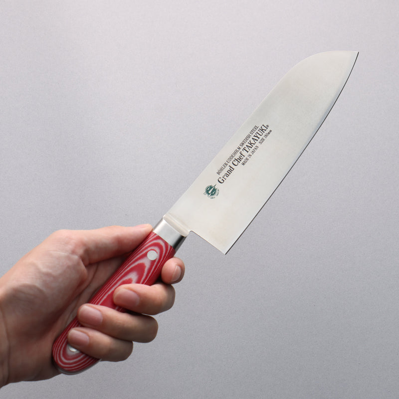 Sakai Takayuki Gran Chef Gran Chef Acero Sueco Santoku 180mm Mango de Micarta Roja - Japanny-SP