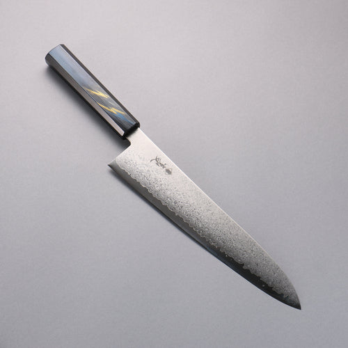 Kanjyo VG10 Damasco Gyuto 240mm Mango de Lacado azul oscuro y dorado. - Japanny-SP