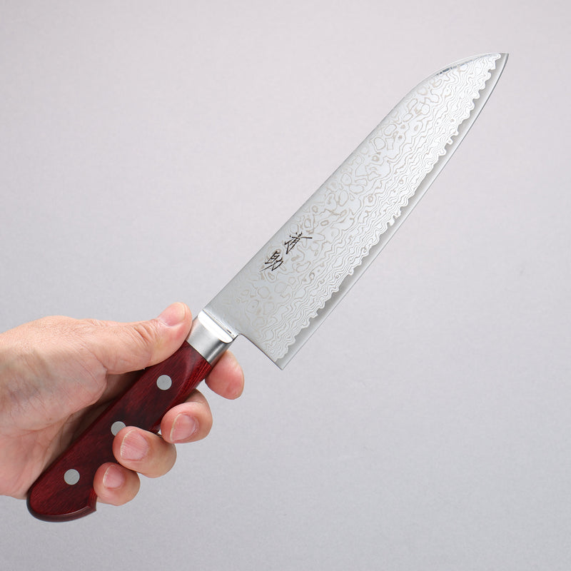 Seisuke Kagami2 AUS10 Damasco con Terminado de Espejo Santoku 180mm Mango de Madera de pakka roja - Japanny-SP