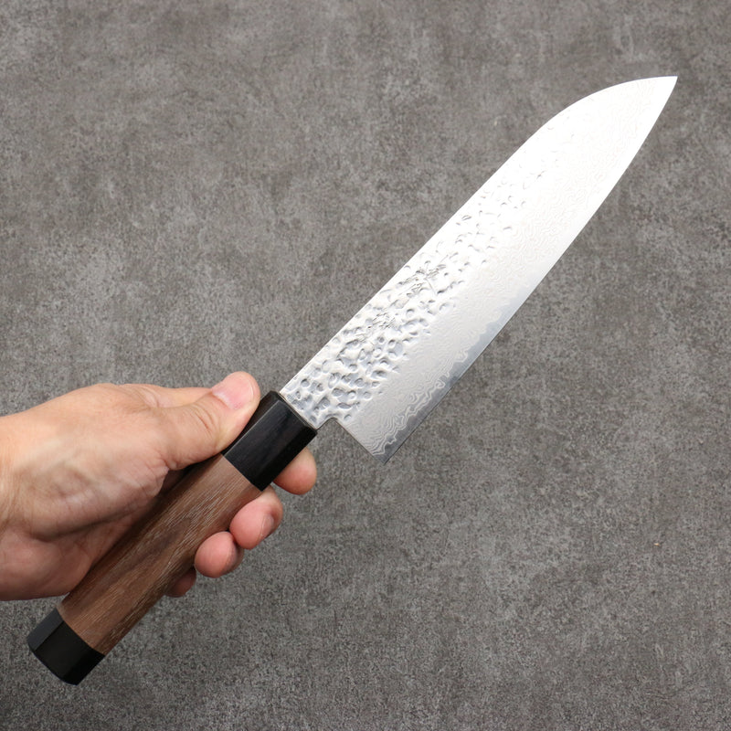 Seisuke Acero de Plata No.3 Damasco Martilleado Santoku 180mm Mango de Nogal(doble anillo de pakka negro) - Japanny-SP