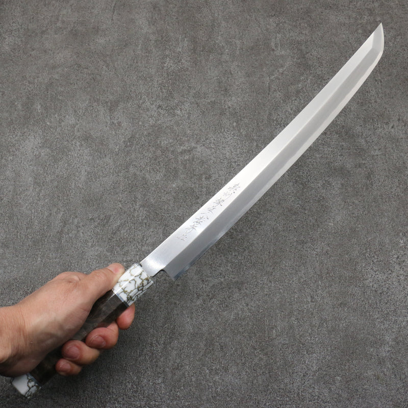 Sakai Takayuki Zangetsu Acero de Plata No.3 Sakimaru Yanagiba 330mm Mango de Madera estabilizada (anillo blanco)  con Funda - Japanny-SP