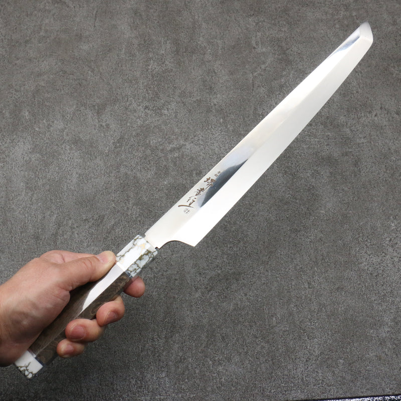 Sakai Takayuki Ginryu Honyaki Acero Sueco Terminado de Espejo Sakimaru Yanagiba 300mm Mango de Madera estabilizada (anillo blanco)  con Funda - Japanny-SP