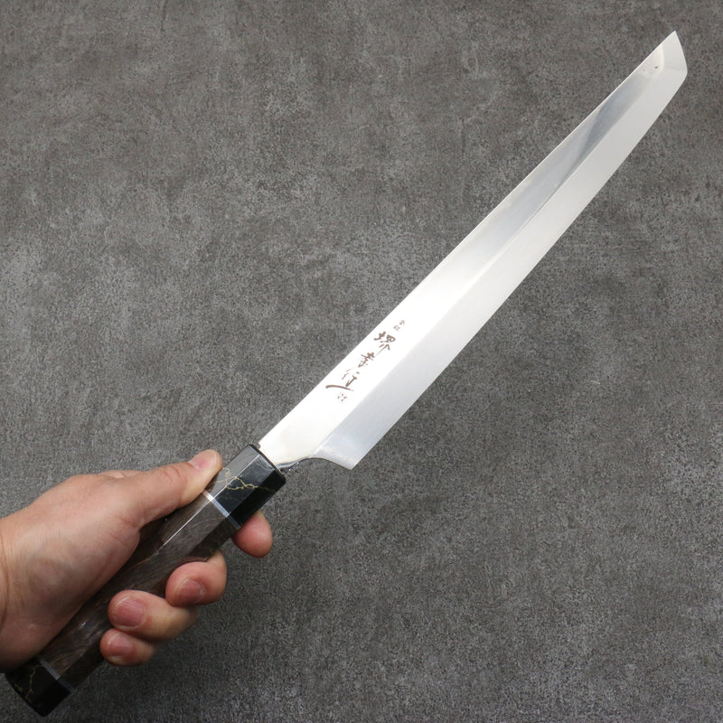 Sakai Takayuki Ginryu Honyaki Acero Sueco Terminado de Espejo Sakimaru Yanagiba 300mm Mango de Madera estabilizada (anillo blanco)  con Funda - Japanny-SP