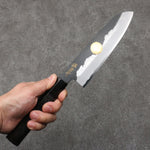 Sakai Takayuki Grabado bañado en oro de Kubota Jyurokuya Acero Blanco No.2 Terminado Negro Santoku 180mm Mango de Madera de ebano - Japanny-SP