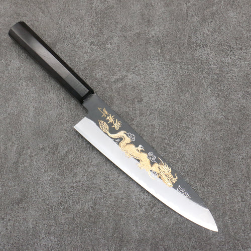 Sakai Takayuki Grabado bañado en oro de Kubota Unryu Acero Blanco No.2 Terminado Negro Gyuto 210mm Mango de Madera de ebano - Japanny-SP