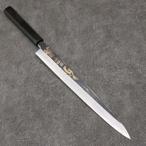 Sakai Takayuki Gold Filled Engraving by Kubota Kinryu White Steel No.2 Black Finished Yanagiba  300mm Ebony Wood Handle 