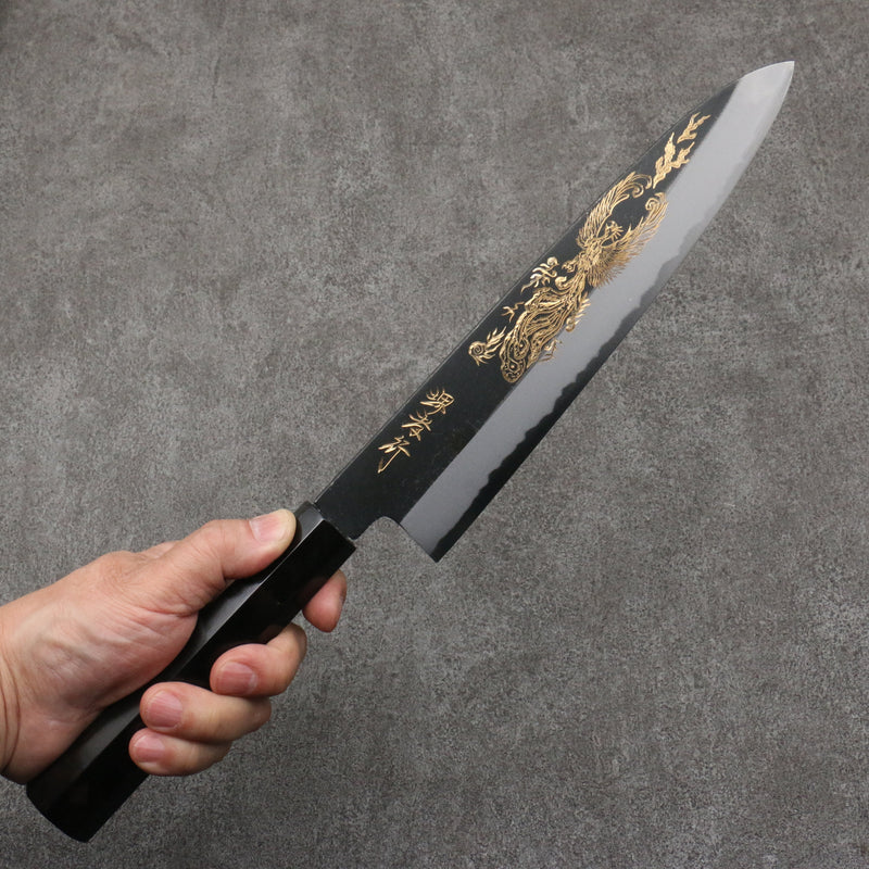 Sakai Takayuki Grabado bañado en oro de Kubota Houou Acero Blanco No.2 Terminado Negro Gyuto 240mm Mango de Madera de ebano - Japanny-SP