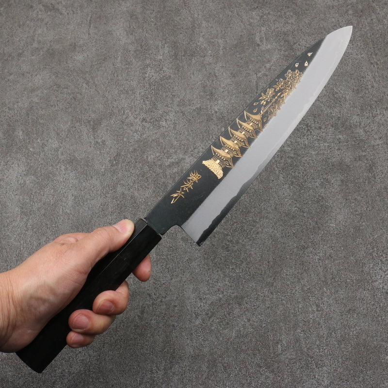 Sakai Takayuki Grabado bañado en oro de Kubota Gojunotou Acero Blanco No.2 Terminado Negro Gyuto 240mm Mango de Madera de ebano - Japanny-SP