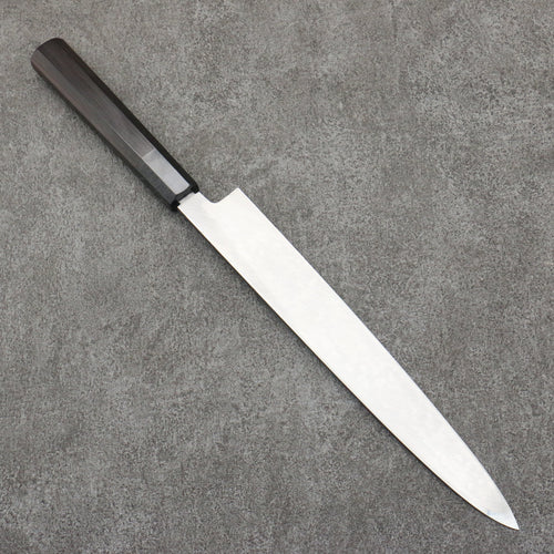 Sakai Takayuki Gold Filled Engraving by Kubota Sakura White Steel No.2 Black Finished Yanagiba  240mm Ebony Wood Handle 