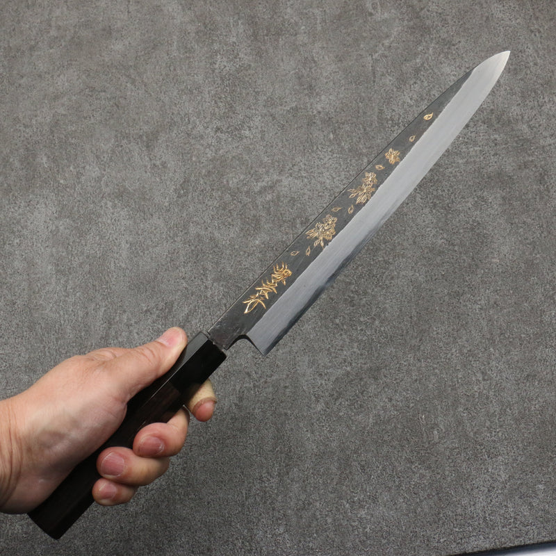 Sakai Takayuki Grabado bañado en oro de Kubota Sakura Acero Blanco No.2 Terminado Negro Yanagiba 240mm Mango de Madera de ebano - Japanny-SP