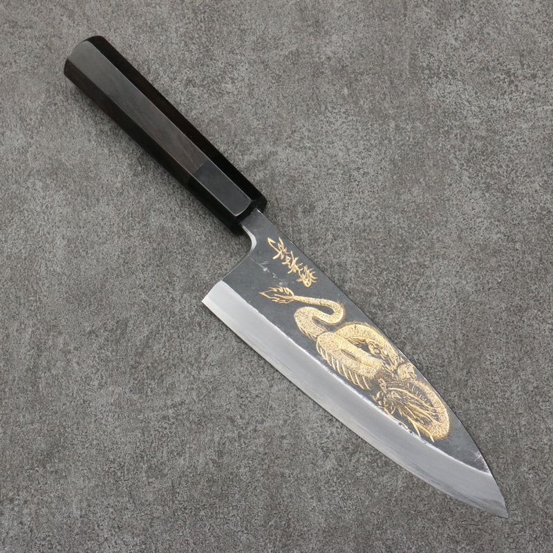 Sakai Takayuki Grabado bañado en oro de Kubota Ittoryumon Acero Blanco No.2 Terminado Negro Deba 180mm Mango de Madera de ebano - Japanny-SP