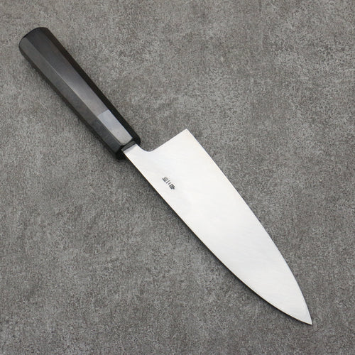 Sakai Takayuki Gold Filled Engraving by Kubota Ittoryumon White Steel No.2 Black Finished Deba  180mm Ebony Wood Handle 