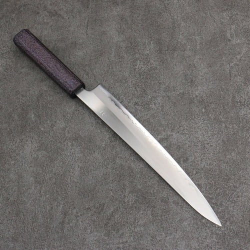 Seisuke Acero Blanco No.1 Terminado Migaki Pulido Sujihiki 240mm Mango de Roble con Lacado morado - Japanny-SP