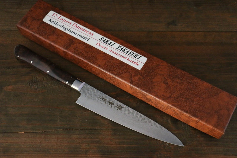 Sakai Takayuki VG10 Damasco de 17 Capas Petty-Utilitario  135mm Mango de Ironwood del desierto - Japanny-SP