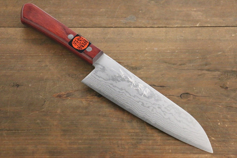 Shigeki Tanaka VG10 de 17 Capas Damasco Santoku  165mm Mango de Madera de pakka roja - Japanny-SP