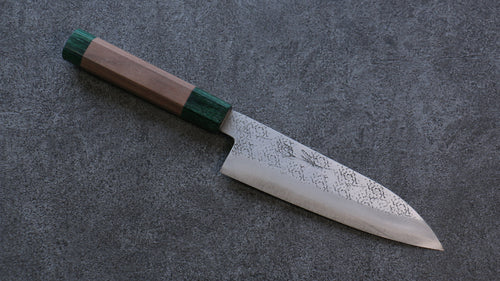 Seisuke Super Azul Martillado Santoku  165mm Mango de Nogal(doble anillo de pakka verde) - Japanny-SP