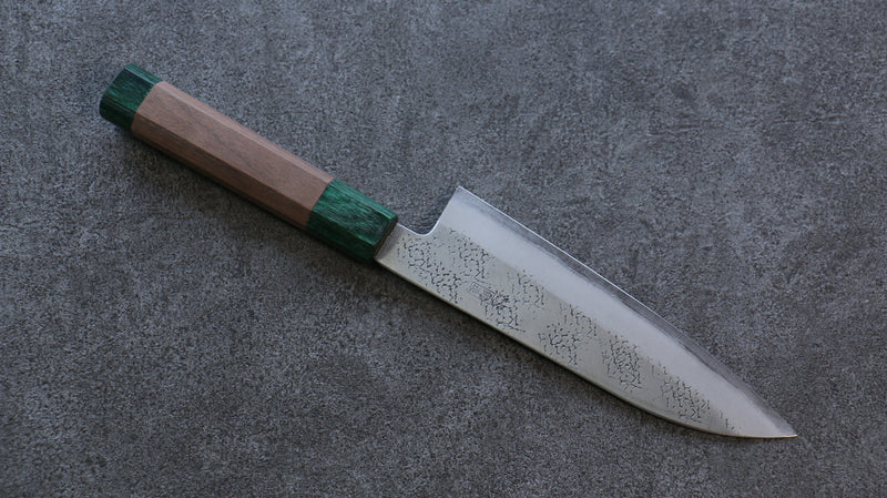 Seisuke Super Azul Martillado Santoku  165mm Mango de Nogal(doble anillo de pakka verde) - Japanny-SP