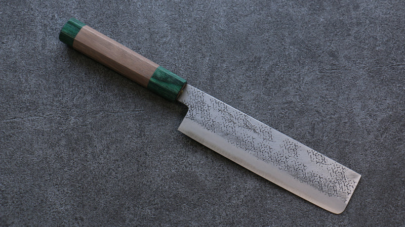 Seisuke Super Azul Martillado Nakiri  165mm Mango de Nogal(doble anillo de pakka verde) - Japanny-SP