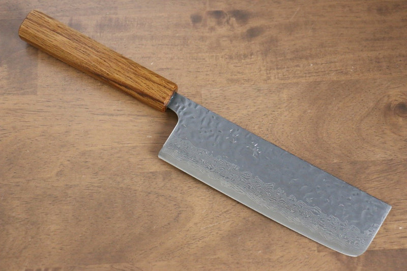 Seisuke Tsukikage AUS10 Terminado Migaki Damasco Martilleado Nakiri  170mm Mango de Roble - Japanny-SP