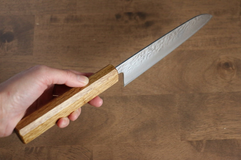 Seisuke Tsukikage AUS10 Terminado Migaki Damasco Martilleado Santoku  170mm Mango de Roble - Japanny-SP