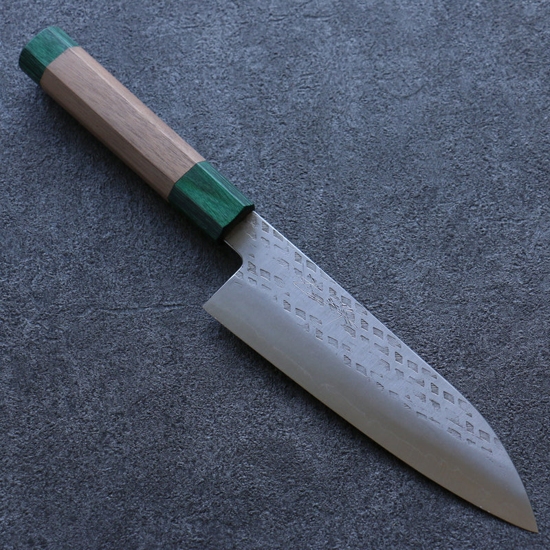 Seisuke Acero de Plata No.3 Martillado Santoku  165mm Mango de Nogal(doble anillo de pakka verde) - Japanny-SP