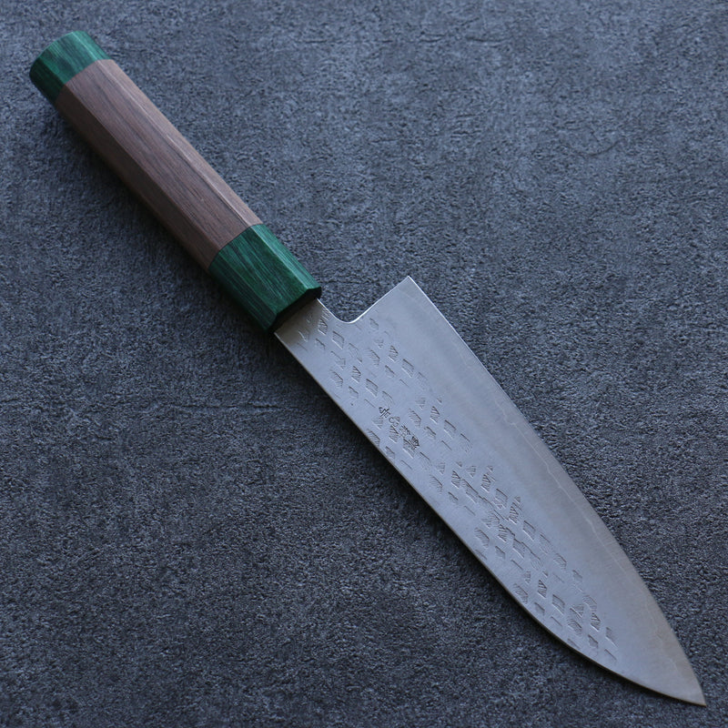 Seisuke Acero de Plata No.3 Martillado Santoku  165mm Mango de Nogal(doble anillo de pakka verde) - Japanny-SP