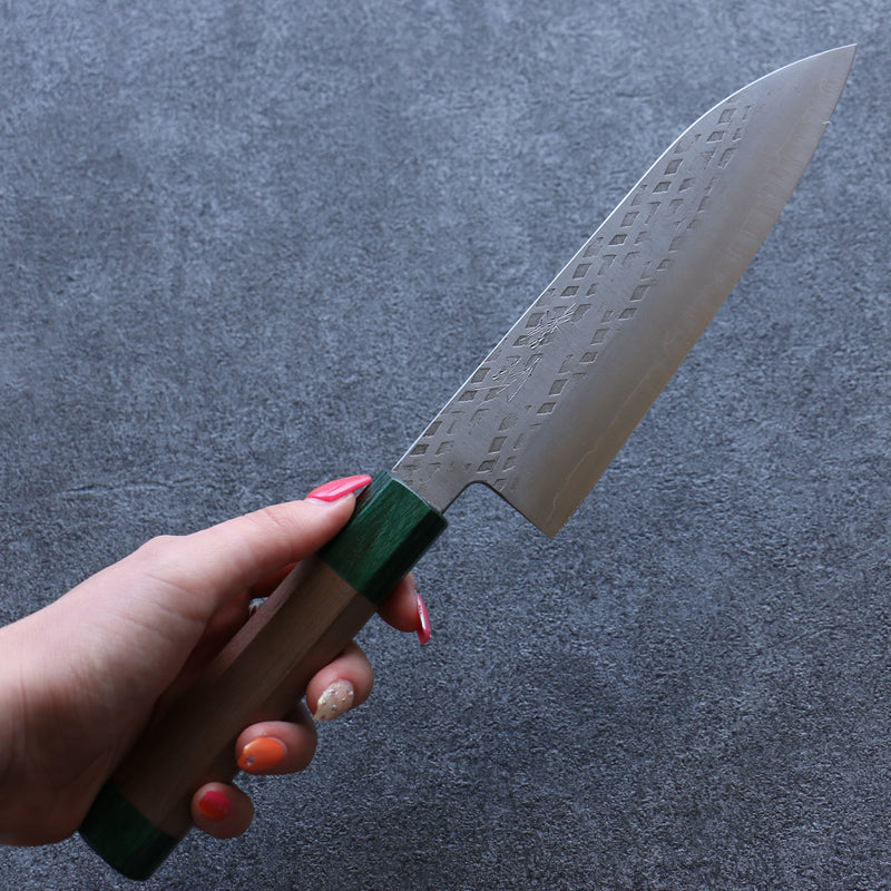 Seisuke Acero de Plata No.3 Martillado Santoku  165mm Mango de Nogal(doble anillo de pakka verde) - Japanny-SP