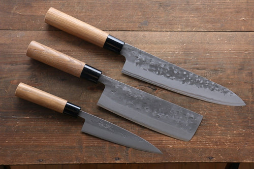 Seisuke Blue Steel No.2 Nashiji Gyuto, Nakiri, Petty Japanese Chef Knives Set - Japanny-SP