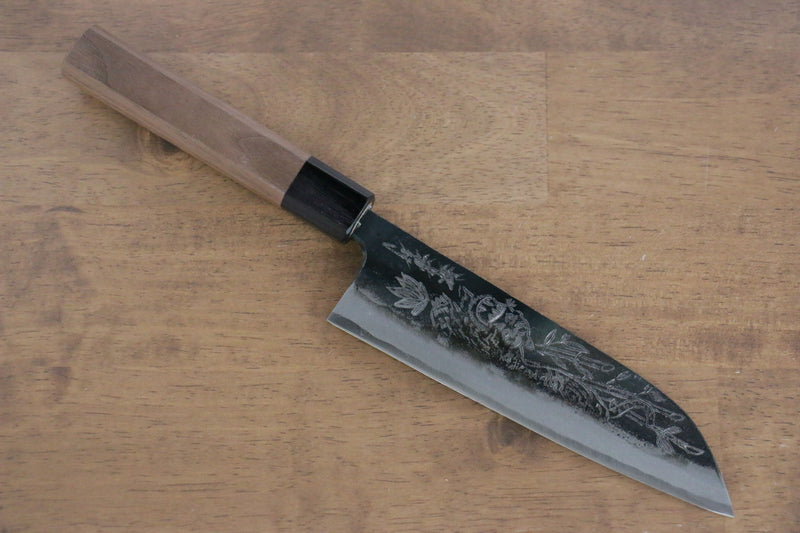 Sakai Takayuki Acero Azul No.2 Kurouchi Gravado de tigre Santoku  170mm Mango de Nogal - Japanny-SP