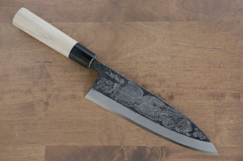 Sakai Takayuki Acero Blanco Kurouchi Gravado Ittouryumon Deba  210mm Mango de Magnolia - Japanny-SP