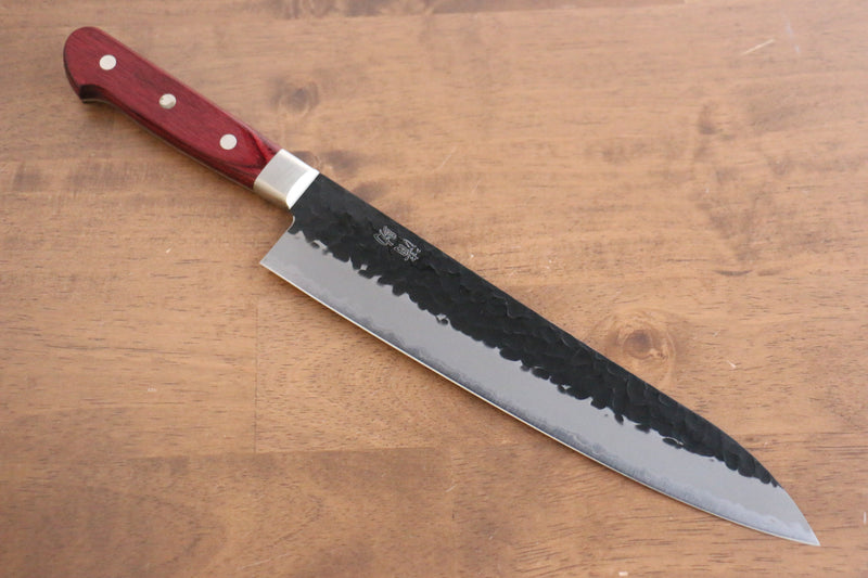 Seisuke Kurobeni Super Azul Martillado Kurouchi Gyuto  240mm Mango de Madera de pakka roja - Japanny-SP