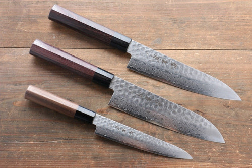 Sakai Takayuki 45 Layer Damascus Japanese Chef's Gyuto, Santoku & Petty Knife with Shitan Handle Set - Japanny-SP