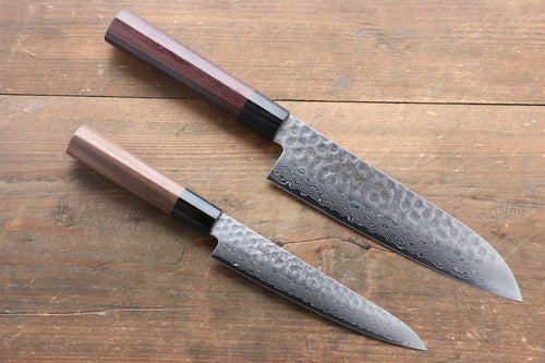 Sakai Takayuki 45 Layer Damascus Japanese Chef's Santoku Knife 180mm & Petty Knife 150mm with Shitan Handle Set - Japanny-SP