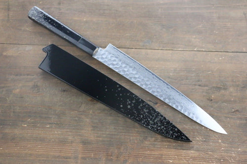 Sakai Takayuki AUS10 Damasco de 45 Capas Martillado Sujihiki  240mm Mango de Laquerado con puntos plateados Con funda - Japanny-SP