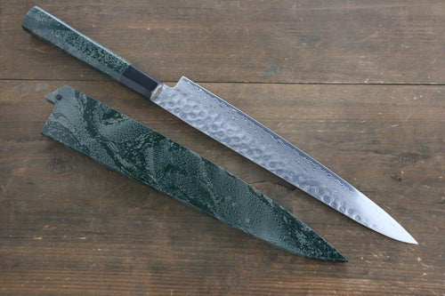 Sakai Takayuki AUS10 Damasco de 45 Capas Martillado Sujihiki  240mm Mango de Laquerado verde Con funda - Japanny-SP