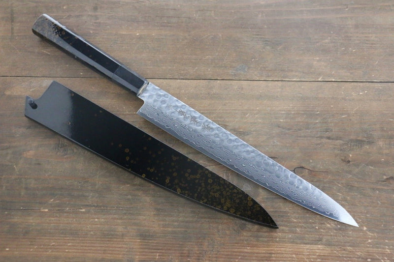 Sakai Takayuki AUS10 Damasco de 45 Capas Martillado Sujihiki  240mm Mango de Laquerado dorado Con funda - Japanny-SP