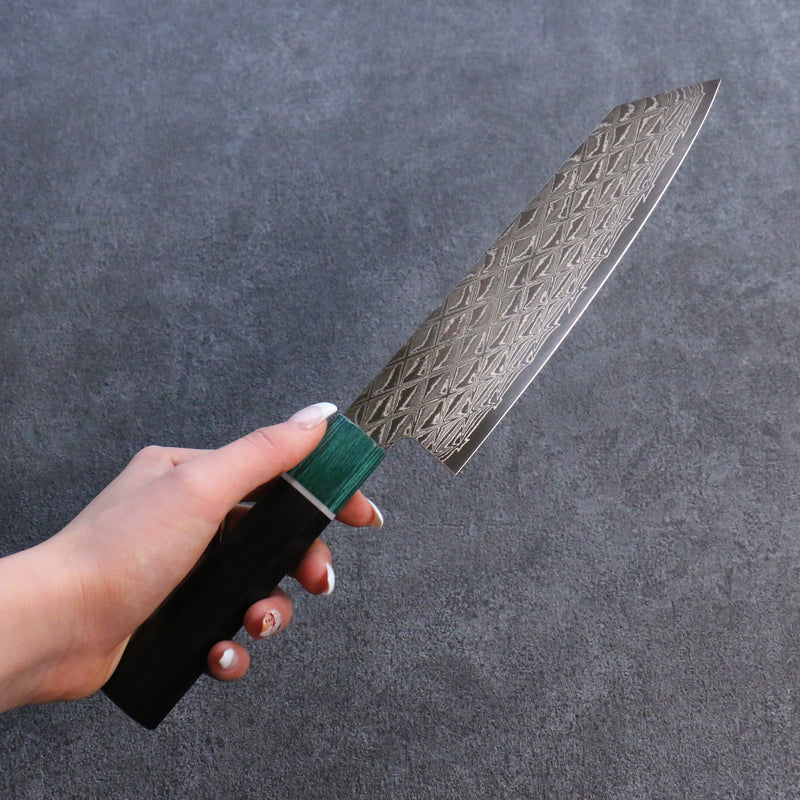 Seisuke AUS10 Espejo Cruzado Kiritsuke Santoku Cuchillo Japones 180mm Mango de Shitan (virola: madera de pakka verde) - Japanny-SP