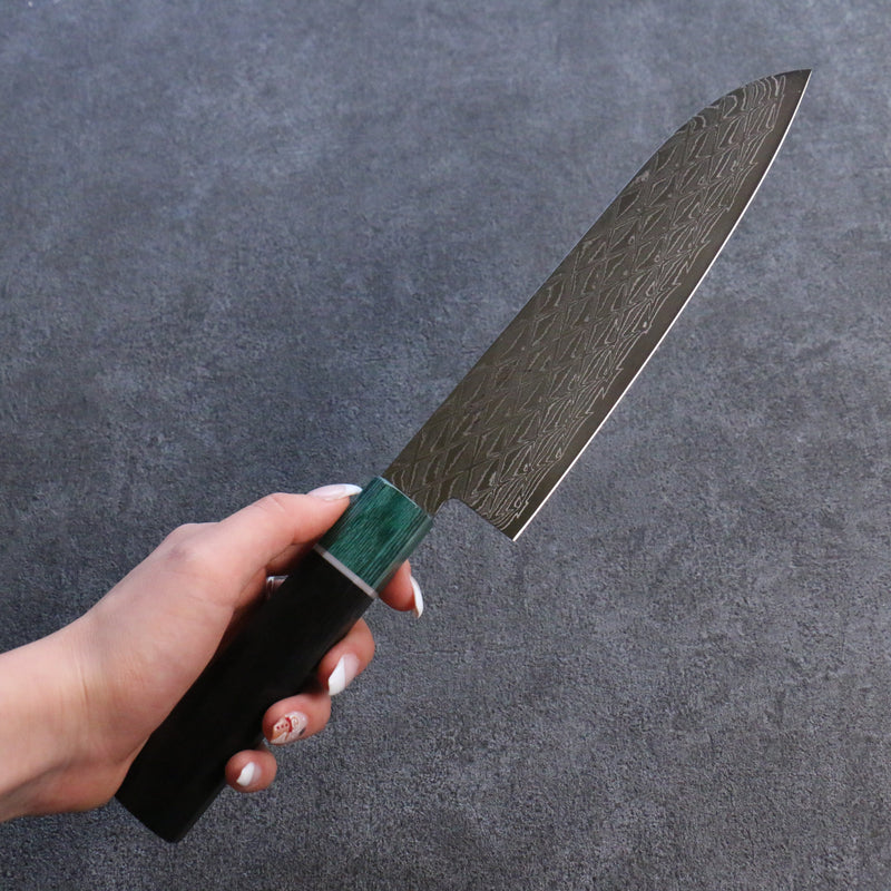 Seisuke AUS10 Espejo Cruzado Santoku Cuchillo Japones 180mm Mango de Shitan (virola: madera de pakka verde) - Japanny-SP