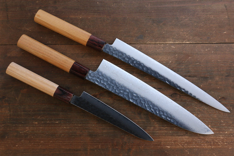 Sakai Takayuki VG10 33 Layer Damascus Japanese Chef Knife Sujihiki 240mm, Gyuto 240mm& Petty 150mm Set with Keyaki Handle(Japanese Elm) - Japanny-SP