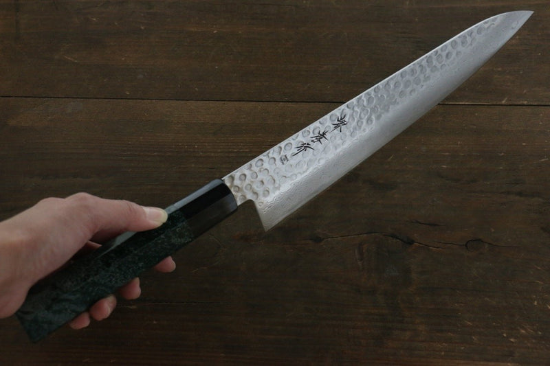 Sakai Takayuki Damasco de 45 Capas Martillado Gyuto  240mm Mango de Laquerado verde - Japanny-SP