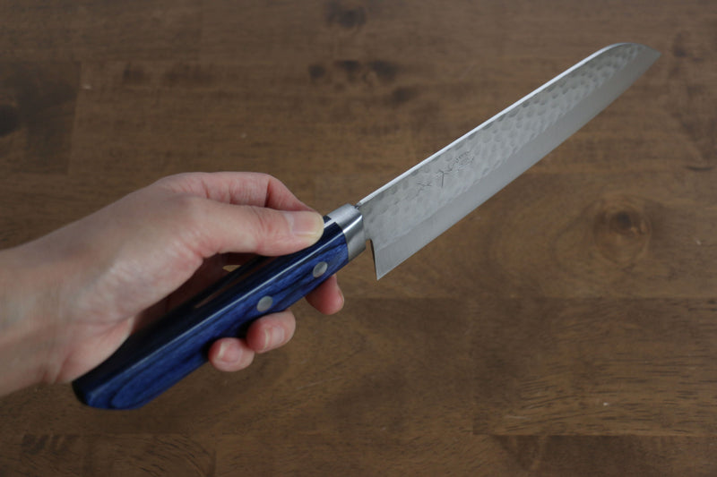 Kunihira Kokuryu VG10 Martillado Santoku  170mm Mango de Madera de pakka azul - Japanny-SP