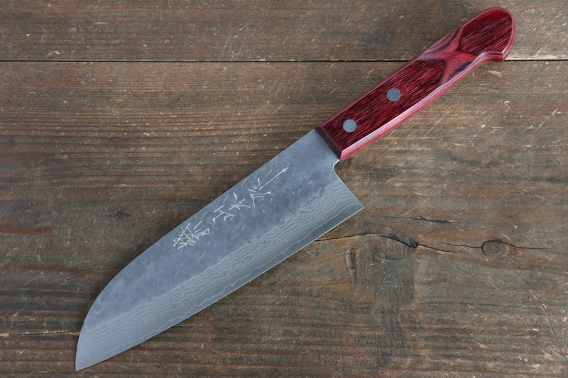 Nao Yamamoto VG10 Damasco Martilleado Santoku  170mm Mango de Madera de pakka roja - Japanny-SP