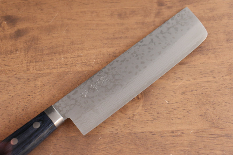 Kunihira Sairyu VG10 Damasco Nakiri  165mm Mango de azul marino de pakka negra - Japanny-SP