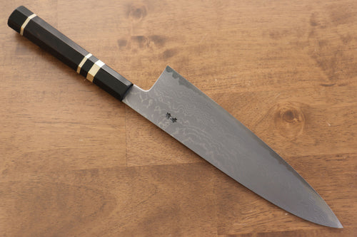 Jikko Acero Azul Damasco Gyuto 210mm Mango de Ebano con doble anillo de buffalo acuatico - Japanny-SP