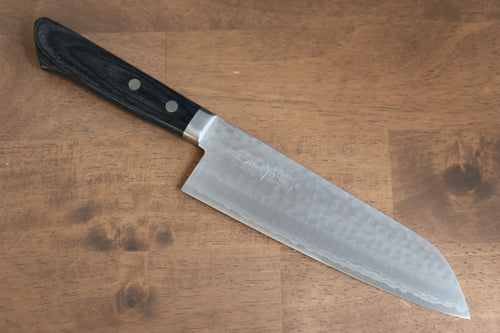 Kunihira Kokuryu VG10 Martillado Santoku  170mm Mango de azul marino de pakka negra - Japanny-SP